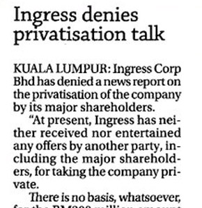 Ingress Denies Privatisation Talk