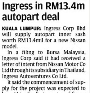Ingress In RM13.4m Autopart Deal  